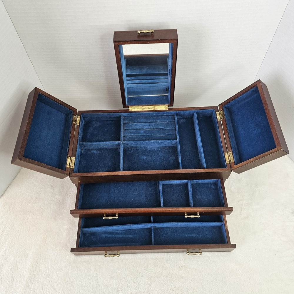 VTG Mid Century Modern Wood Jewelry Box 2 Drawer Blue Velvet Lined MCM Mirror